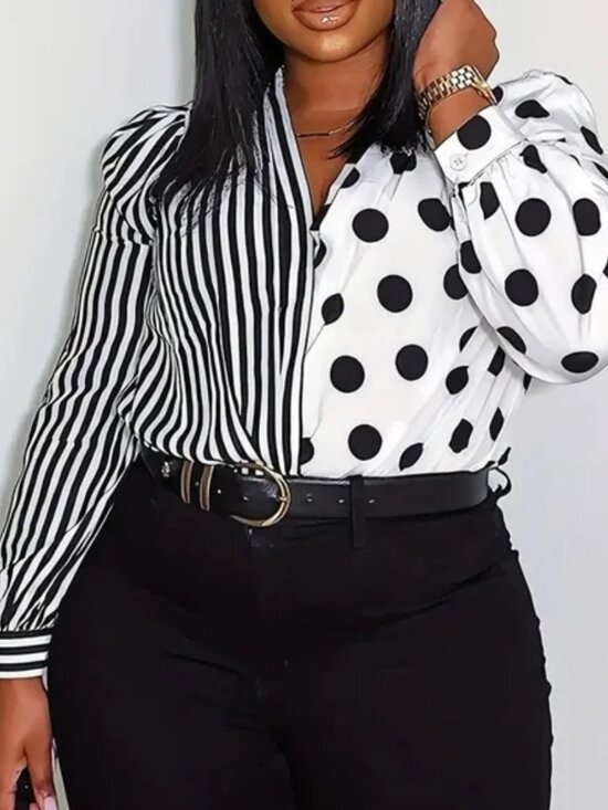 Plus Size Colorblock Striped Polka Dot Print Slight Stretch Casual Shirt Blouse - Picture 1 of 2